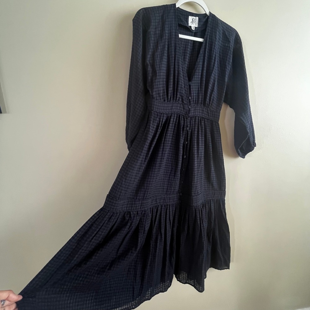 DRA Los Angeles Navy Gingham Tiered Midi Dress XS Button Front Balloon Sleeve